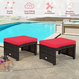 2 Pieces Patio Rattan Ottomans with Soft Cushion for Patio and Garden-Red