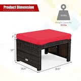 2 Pieces Patio Rattan Ottomans with Soft Cushion for Patio and Garden-Red