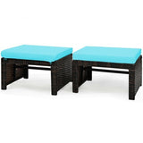 2 Pieces Patio Rattan Ottomans with Soft Cushion for Patio and Garden-Red