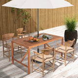 Wooden outdoor dining set with table, chairs, and umbrella on a wooden deck.