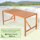 Wooden outdoor table with dimensions and weight capacity information on a white background.