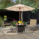 Outdoor patio set with chairs, table, and umbrella on a wooden deck.