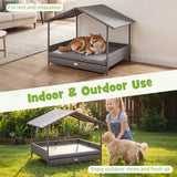 Pet bed with canopy for indoor and outdoor use, shown in a home setting and outdoors.