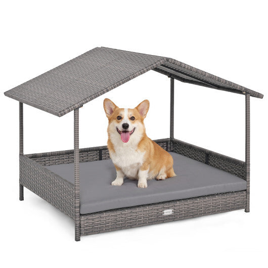 Wicker Dog House Elevated PE Rattan Dog Bed with Canopy-Gray