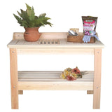 Wooden potting bench with gardening tools and plants on a white background