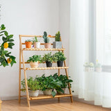 3-Tier Bamboo Foldable Plant Stand with Display Shelf Rack-Natural - Color: Natural