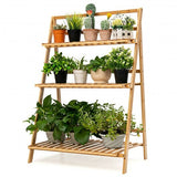 3-Tier Bamboo Foldable Plant Stand with Display Shelf Rack-Natural - Color: Natural