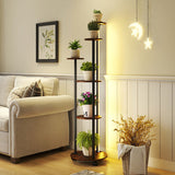 6-tier Plant Stand with RGB Light and Wheels 57inch Tall Indoor Display Shelf Flowerpot Holder-Rustic Brown