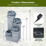 Fountain with dimensions and pump details on a white background