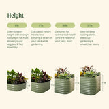 Height comparison chart for gardening containers with planters of different heights.