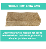 A stack of rectangular brown hemp grow mats shown on a white background with teal text banners above and below describing them as premium hemp grow mats and explaining their role in seed germination.