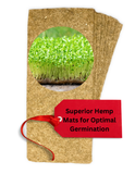 A stack of brown hemp mats with a circular cutout showing green sprouts, with a red tag reading 'Superior Hemp Mats for Optimal Germination' on a white background.