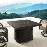 Henley 40" Round Aluminum Basketweave Convertible Gas Fire Pit Table with chairs on a deck with mountain view
