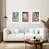 Living room with a white sofa, round wooden coffee table, and Henri Matisse Abstract Painting Wall Art Prints on the wall.