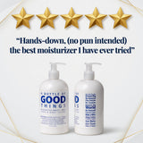 Two bottles of 'A Bottle of Good Things' lotion with five gold stars and a review quote on a white background.