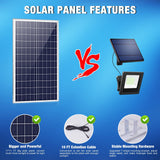 Comparison of solar panel features with 'VS' on a blue background