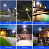 Collage of outdoor lighting scenarios including street, park, swimming pool, courtyard, garage, and terrace.