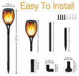 Solar pathway lights with installation components and dimensions on a white background
