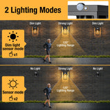 Diagram showing two lighting modes for a security light system with a person running by.