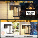 Outdoor light fixture with weather conditions text and temperature range on a dark background