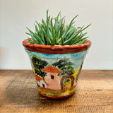 Casita Talavera Pot with a painted scene and green plant on a wooden surface