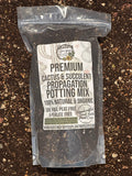 Bag of premium cactus and succulent propagation potting mix on a dark soil background