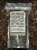 Bag of premium tropical houseplant potting mix on a soil background