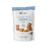 A stand-up pouch of gf Jules Gluten Free Cookie Mix on a plain white background. The packaging is white with a light blue top band and features an image of chocolate chip and oatmeal cookies.