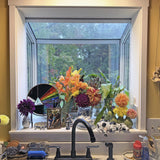 Janco Garden Window area with colorful flowers, a rainbow plate, and a window view of trees.