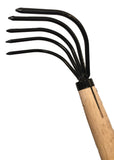 Garden cultivator with black metal tines and wooden handle on a white background