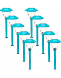 Set of blue solar-powered outdoor lights on a white background