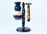 Buckeye Burl Shave Set – Handmade Safety Razor, 26mm Synthetic Shaving Brush & Stand – Blue Resin Wet Shaving Kit – Luxury Men’s Grooming Gift