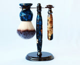 Buckeye Burl Shave Set – Handmade Safety Razor, 26mm Synthetic Shaving Brush & Stand – Blue Resin Wet Shaving Kit – Luxury Men’s Grooming Gift