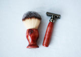 Aromatic Red Cedar Wood Hand Crafted Shave Set, safety razor, 26mm lather brush and a matching shave stand.