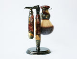 Buckeye Burl Wood Hand Crafted Shave Set with 'Chameleon' Resin safety razor, 26mm lather brush and a matching shave stand.