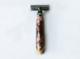 Buckeye Burl Wood Hand Crafted Shave Set with 'Chameleon' Resin safety razor, 26mm lather brush and a matching shave stand.