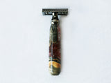 Buckeye Burl Wood Hand Crafted Shave Set with 'Chameleon' Resin safety razor, 26mm lather brush and a matching shave stand.