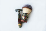 Buckeye Burl Wood Hand Crafted Shave Set with 'Chameleon' Resin safety razor, 26mm lather brush and a matching shave stand.