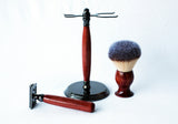 Aromatic Red Cedar Wood Hand Crafted Shave Set, safety razor, 26mm lather brush and a matching shave stand.