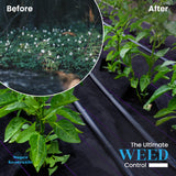 Comparison of garden with and without weed control, featuring text 'The Ultimate Weed Control'.