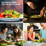 A four-panel collage promoting fresh herbs for flavor. The top-left panel shows a plated salad with text reading 'USE FRESH HERBS FOR THE BEST FLAVOR.