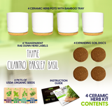 Contents graphic for a 4-ceramic herb kit, showing four white ceramic pots with bamboo trims, four transparent herb labels, four expanding soil discs, four packs of Freshly Picked seeds, an instruction guide, and text reading '4 Ceramic Herb Kit Contents' on a light green background.
