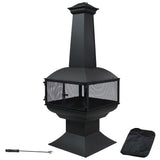 Black outdoor chiminea with cover and tool on a white background