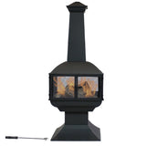 Black outdoor fireplace with flames visible on a white background
