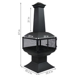 Black outdoor chiminea with dimensions on a white background