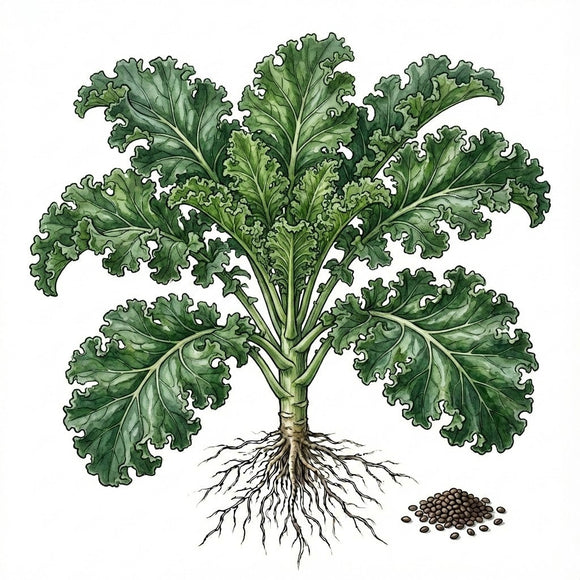 Illustration of a kale vegetable with roots and seeds on a white background KALE Seeds, Premier