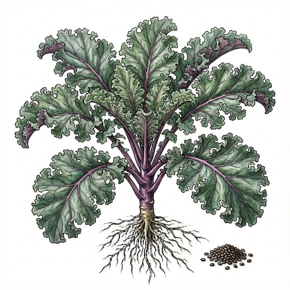 Illustration of a green leafy vegetable with roots and seeds on a white background KALE Seeds, Red Russian
