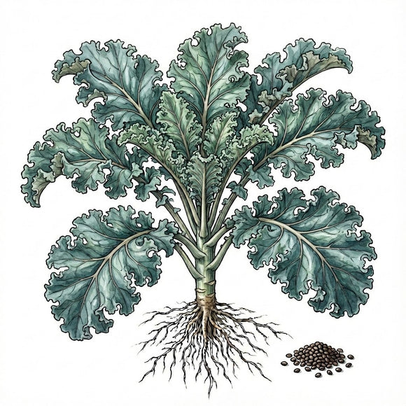 Illustration of a kale plant with roots and seeds on a white background KALE Seeds, Vates Blue Curled