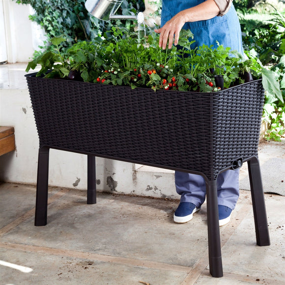 Modern Dark Brown Resin Wicker Raised Garden Bed Planter with Water Indicator - FREE SHIPPING