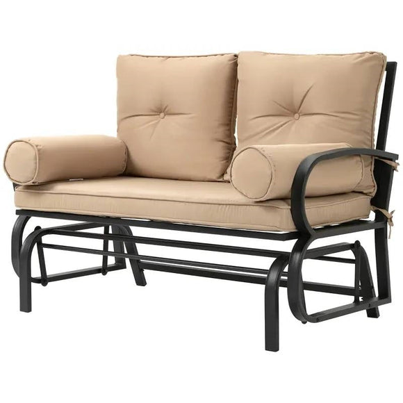Outdoor Garden Patio Rocking Glider Chair Loveseat with Tan Khaki Cushions - FREE SHIPPING